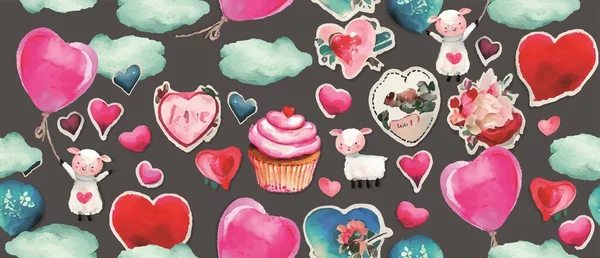 Nahtloses Valentinstagsmuster Mit Romantischen Elementen Aquarell Stil — Stockvektor