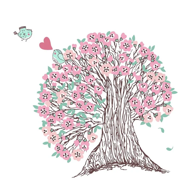 Albero Fiorito Con Fiori Rosa Uccelli Innamorati — Vettoriale Stock