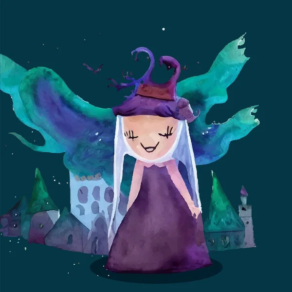 小さな魔女とハロウィンのテーマイラスト — ストックベクタ