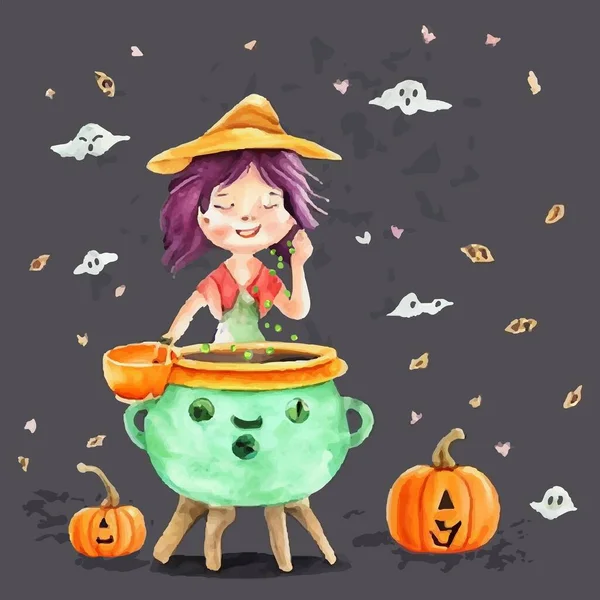 Ilustración Del Tema Halloween Con Linda Cocina Bruja Caldero Verde — Archivo Imágenes Vectoriales