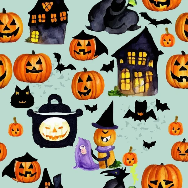 Modello Halloween Senza Cuciture Stile Acquerello — Vettoriale Stock