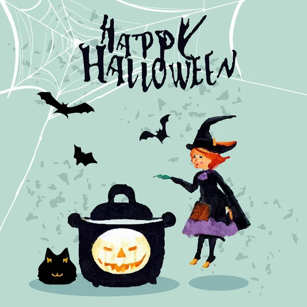 Cartaz Halloween Feliz Com Bruxa Bonito Caldeirão —  Vetores de Stock
