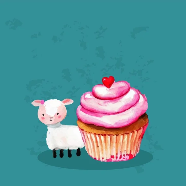 Mignon Mouton Avec Cupcake Géant — Image vectorielle