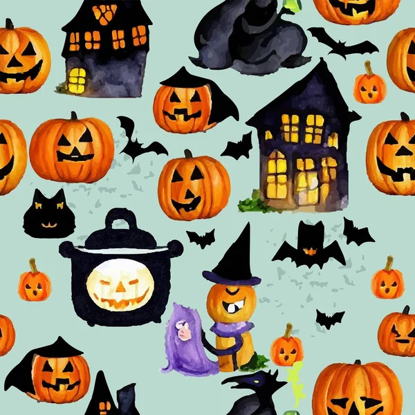 Sömlös Halloween Mönster Akvarell Stil — Stock vektor