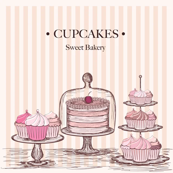 Coleção de belos bolos e cupcakes — Vetor de Stock