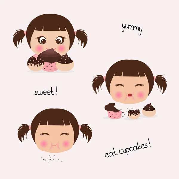 Chica comiendo cupcakes — Vector de stock