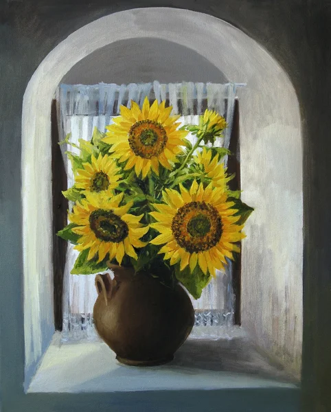 Sonnenblumen am Fenster — Stockfoto
