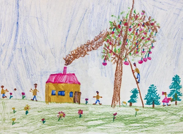 儿童绘图的一个幸福的家庭 — 图库照片