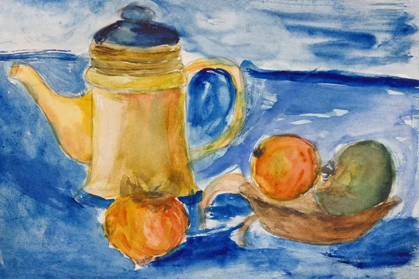 Kettle ve elma aquarelle ile natürmort — Stok fotoğraf