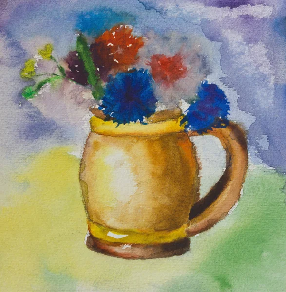 Kid aquarelle drawing of a colorful bouquet — Stock Photo, Image