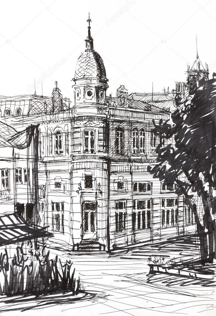 Ink Graphics of an Old Building in Bulgaria