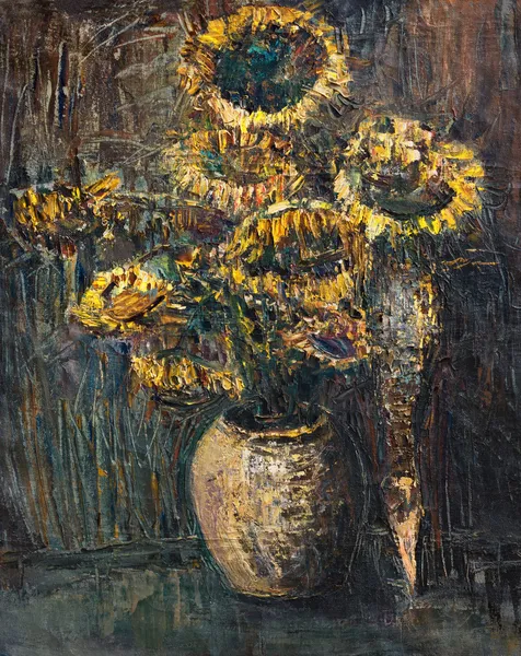 Withered Sunflowers Bouquet on Dark Brown Background