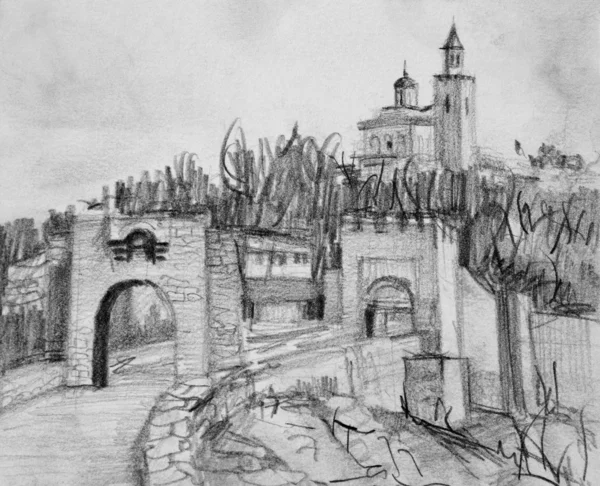 Dibujo a lápiz de zarevetes fortaleza en Veliko Tarnovo —  Fotos de Stock