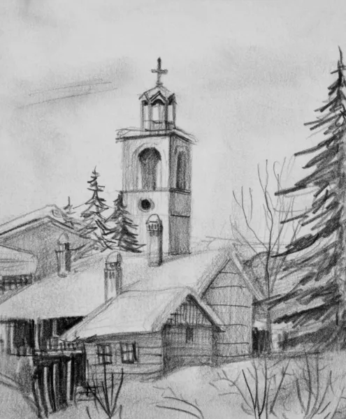 Potlood tekenen van oude kerk in bansko — Stockfoto