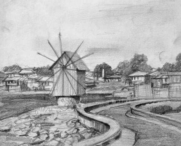 Pencil Drawing of Nesebar Old Windmill Royalty Free Stock Photos