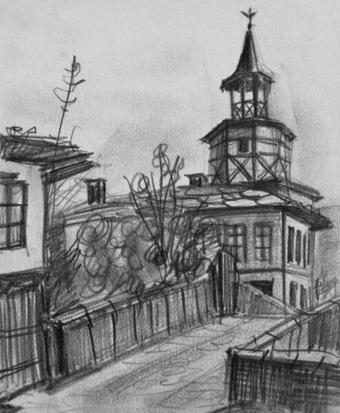 Pencil Drawing of The Old Clock Tower in Tryavna Stock Picture