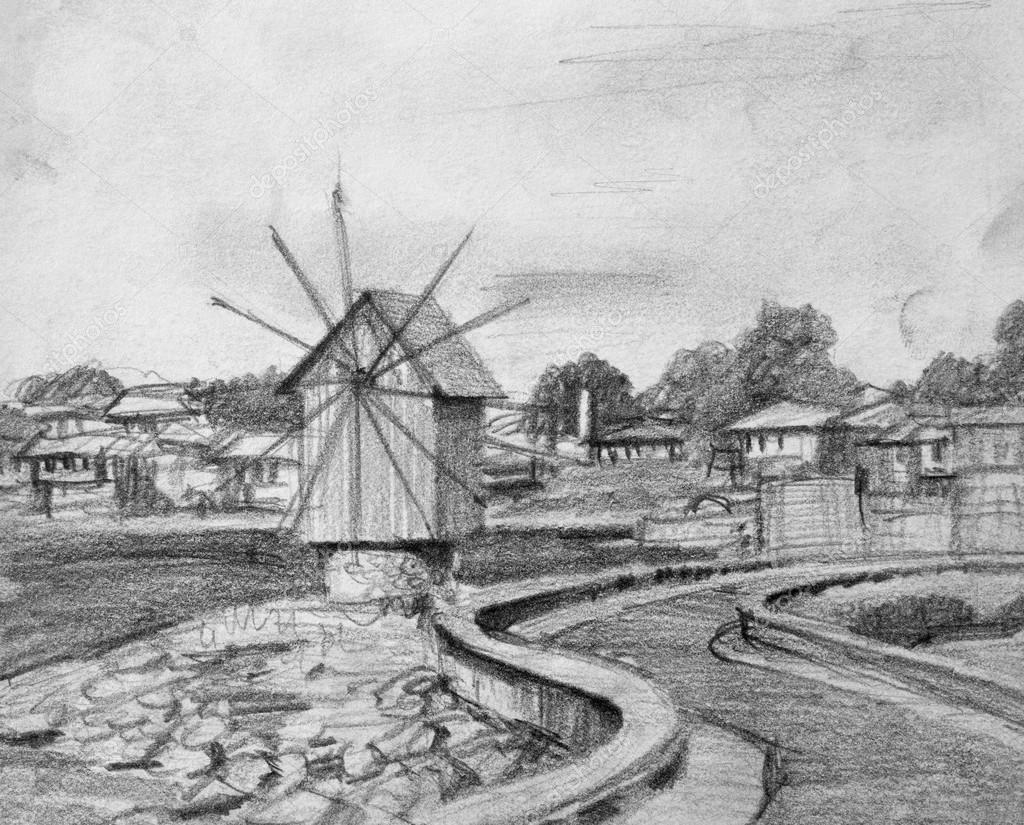 Pencil Drawing of Nesebar Old Windmill — Stock Photo © kirilart #27406885