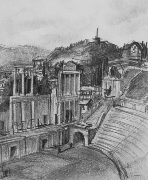 Desenho a lápis do antigo teatro em Plovdiv Imagens Royalty-Free