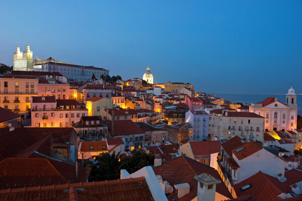Lisbon City Lights Panoramic Alfama View Stock Image