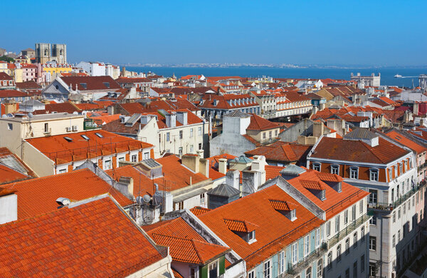 Baixa City Center of Lisbon Panoramic View Royalty Free Stock Images