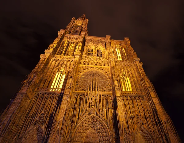 밤, 프랑스 스트라스부르 대성당 스톡 사진