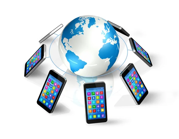 Smartphones Around World Globe, Comunicación Global —  Fotos de Stock