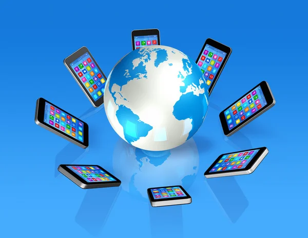 Smartphones ao redor do globo mundial, comunicação global — Fotografia de Stock