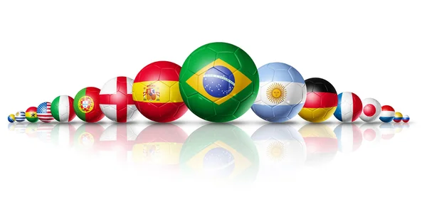 Brasil 2014, grupo de balones de fútbol con banderas de equipos —  Fotos de Stock
