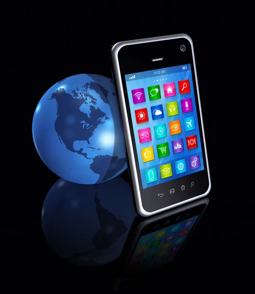 Smarttelefon med appikoner og World Globe – stockfoto