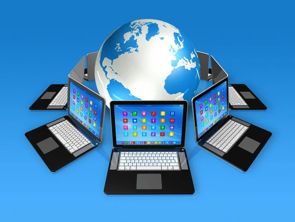 Laptop Computers around World Globe — Stock Photo, Image