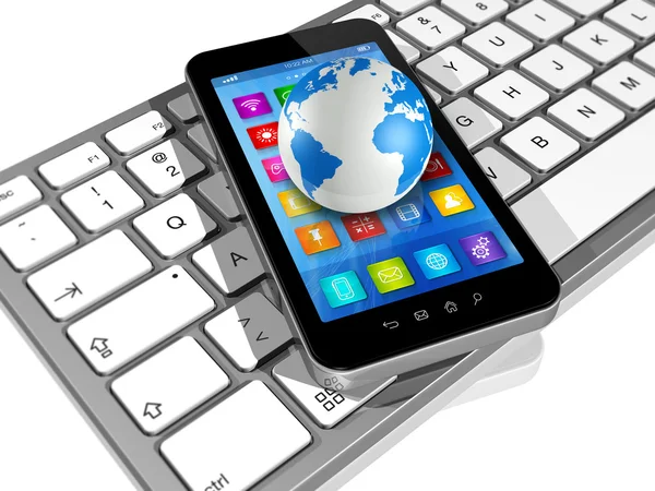 Smartphone on Computer Keyboard and World Globe — Stock Photo, Image