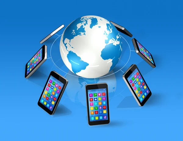 Smartphones Around World Globe, Comunicación Global — Foto de Stock