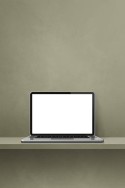 Laptop bilgisayarı yeşil rafta. Dikey arkaplan. 3B Görüntü