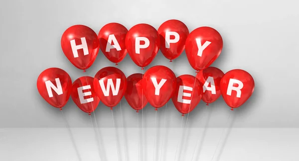 Red Happy New Year Balloons Bunch White Concrete Background Horizontal — Stock Photo, Image