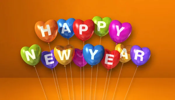 Colorful Happy New Year Heart Shape Balloons Orange Concrete Background — Stock Photo, Image