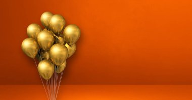 Turuncu duvar arka planında altın balonlar. Yatay pankart. 3B illüstrasyon oluşturucu