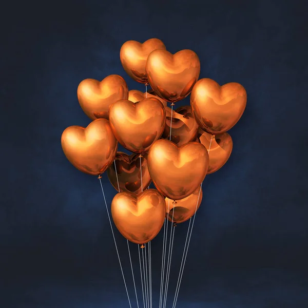 Copper heart shape balloons bunch on a black wall background. 3D illustration render