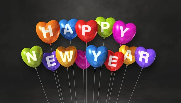 Kleurrijke Vrolijke Nieuwjaar Hartvorm Ballonnen Een Zwarte Betonnen Achtergrond Horizontale — Stockfoto