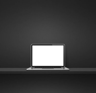 Laptop bilgisayarı siyah rafta. Kare arka plan. 3B Görüntü