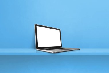 Laptop bilgisayarı mavi raf arka planında. 3B Görüntü