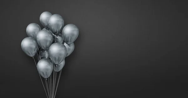 Silver Balloons Bunch Black Wall Background Horizontal Banner Illustration Render — Stock Photo, Image