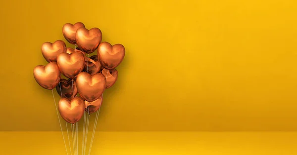 Manojo Globos Forma Corazón Cobre Sobre Fondo Pared Amarillo Banner — Foto de Stock