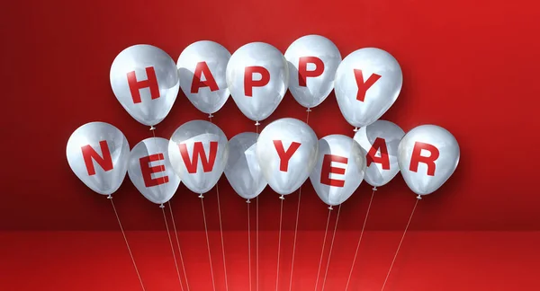 Kırmızı Beton Arka Planda Beyaz Mutlu Yeni Yıl Balonları Yatay — Stok fotoğraf