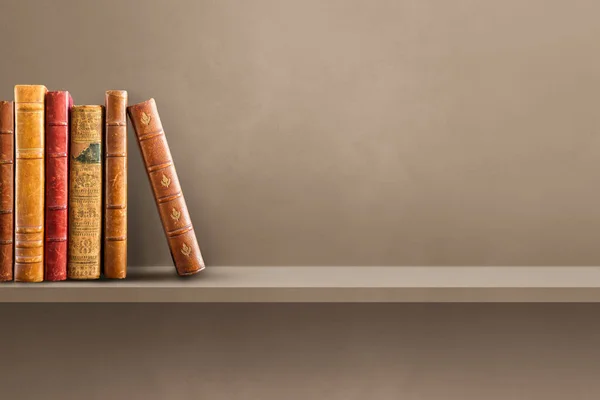 茶色の棚に古い本の行 水平背景 — ストック写真