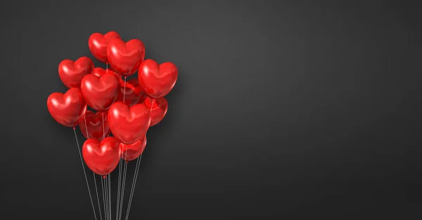 Kırmızı Kalp Şeklindeki Balonlar Siyah Duvar Arka Planında Toplanmış Yatay — Stok fotoğraf