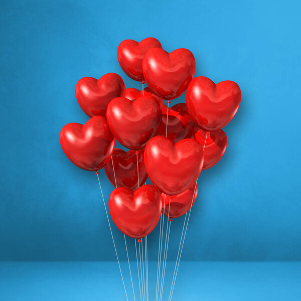 Red heart shape balloons bunch on a blue wall background. 3D illustration render