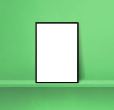 Yeşil bir rafa yaslanmış siyah resim çerçevesi. 3 boyutlu illüstrasyon. Boş model şablonu. Kare arkaplan