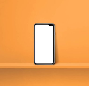 Portakal rengi duvar rafında cep telefonu. Kare arka plan. 3B Görüntü