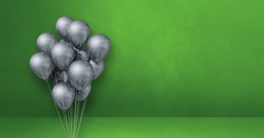 Yeşil duvar arka planında gümüş balonlar. Yatay pankart. 3B illüstrasyon oluşturucu