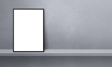 Gri bir rafa yaslanmış siyah resim çerçevesi. 3 boyutlu illüstrasyon. Boş model şablonu. Yatay Pankart